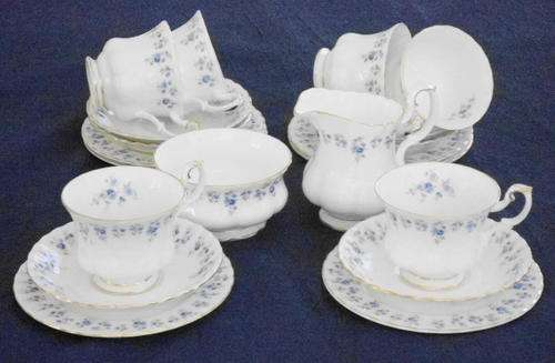 ROYAL ALBERT "MEMORY LANE" SET OF 6 TRIOS, MILK JUG & SUGAR BOWL