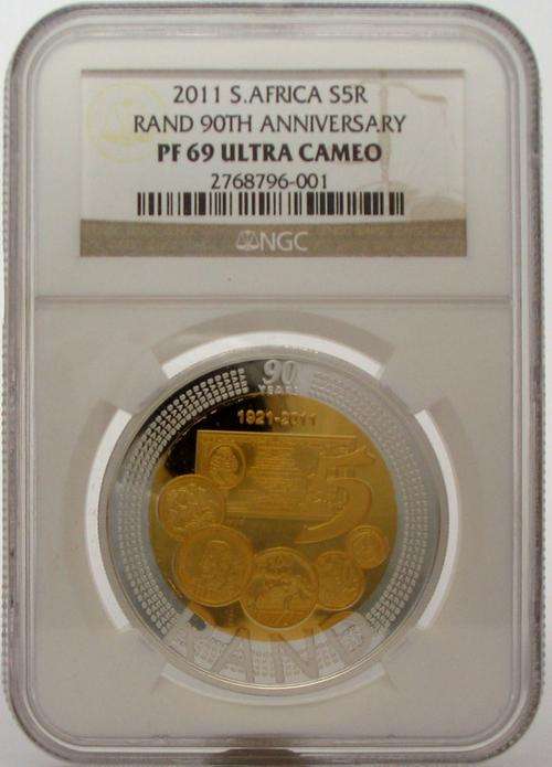 ***NGC - PF69***CROWN size Silver and 24ct Gold Plated R5**90th Anniversary of the SARB*****