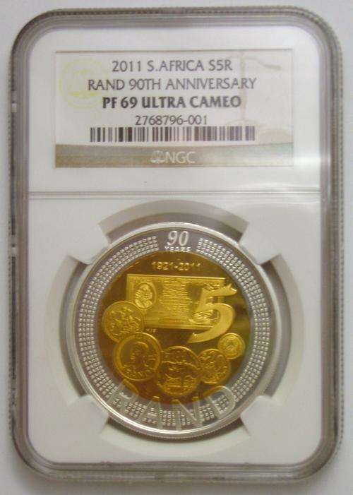***NGC - PF69***CROWN size Silver and 24ct Gold Plated R5**90th Anniversary of the SARB*****