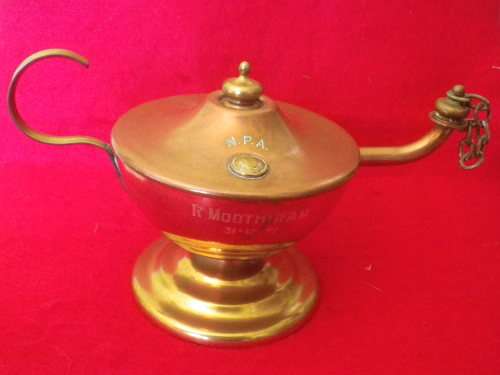 BRASS NATAL PROV. ADMINISTRATION - NURSES "FLORENCE NIGHTINGALE LAMP" INSCRIBED TO RECIPIENT 1972