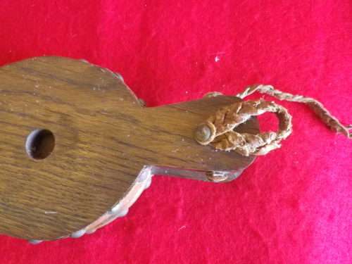 PAIR OF WOODEN AND LEATHER BELLOWS WITH METAL SPOUT AND STUDS. APPROX LENGTH 370MM