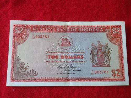 RHODESIA - USED $2 NOTE  - "SALISBURY - 7th APRIL 1975  # 003781" -  (4122)