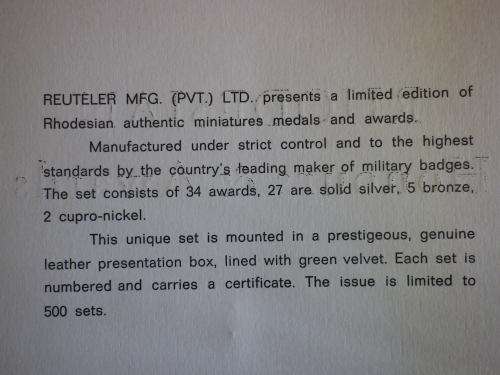 "RHODESIAN HONOURS & AWARDS" - REUTELER SET NO 456 -  34 MINIATURE MEDALS IN ORIGINAL CASE - (4766)