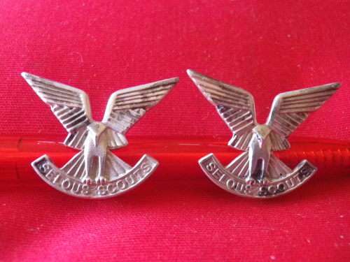 RHODESIA - SELOUS SCOUTS PAIR COLLAR BADGES STAMPED "SILVER REUTELER SALISBURY" RARE, SOME TARNISH