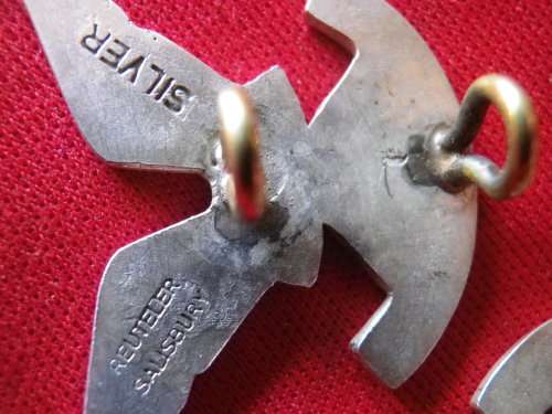 RHODESIA - SELOUS SCOUTS PAIR COLLAR BADGES STAMPED "SILVER REUTELER SALISBURY" RARE, SOME TARNISH