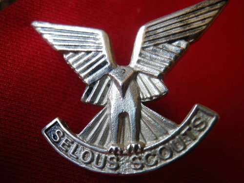 RHODESIA - SELOUS SCOUTS PAIR COLLAR BADGES STAMPED "SILVER REUTELER SALISBURY" RARE, SOME TARNISH