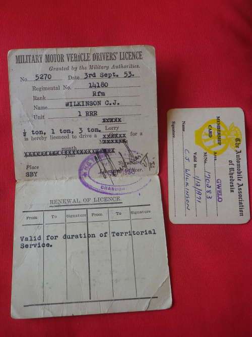 SOUTHERN RHODESIA MILITARY DRIVERS LICENCE.  - NAMED + AA MEMBERSHIP CARD  (2606)