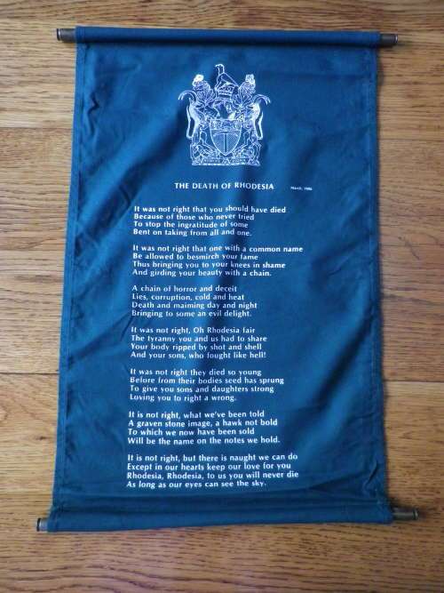 "DEATH OF RHODESIA" PRINTED POEM ON CLOTH BANNER   52.5 cm X 33 cm.  (3165B)
