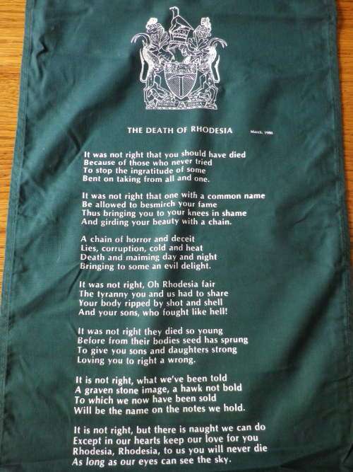 "DEATH OF RHODESIA" PRINTED POEM ON CLOTH BANNER   52.5 cm X 33 cm.  (3165B)