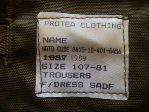 SADF - 1 X NUTRIA TROUSERS - 1987/88, AS NEW - SIZE 107-81, PROTEA CLOTHING  SEE TAG (3544)