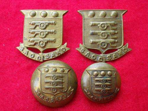 SA ARMY -  SA ORDINANCE CORPS BRASS COLLAR BADGES + 2 BUTTONS, WORN 1934-1938