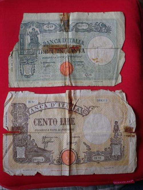 50 + 100 LIRA ITALIAN BANK NOTES 1943. POOR CONDITION AS SEEN