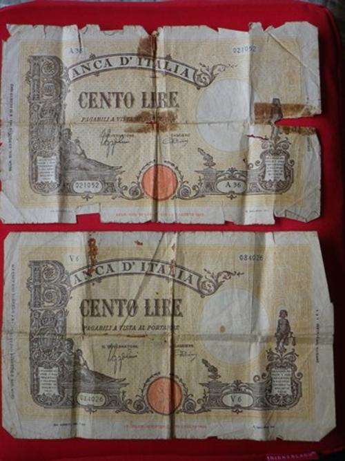 2 X 100 (CENTO) LIRA ISSUED 1942 + 1943. POOR CONDITION AS SEEN