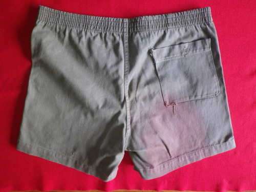 RHODESIAN ARMY SHORTS - AS USED - ELASTICATION GONE- SIZE WAIST 86cm / 34" - INSCRIBED (5569)