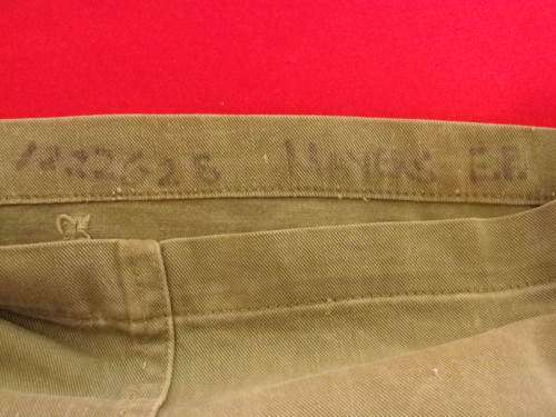RHODESIAN ARMY SHORTS - AS USED - ELASTICATION GONE- SIZE WAIST 86cm / 34" - INSCRIBED (5569)