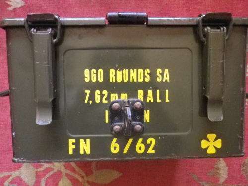 SOUTH AFRICA METAL AMMO BOX - FN 7.62mm BALL ROUNDS - 1962 - 31.5 cmX29.5cmX18cm WEIGHT 7.15 Kgs