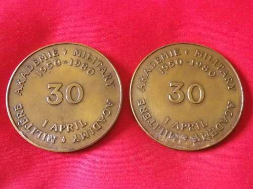 SADF - 2 X MILITARY ACADAMY 30 YEAR BRONZE MEDALLIONS - 1 APRIL 1980- GLUE RESIDUE  OD  50mm (1674)