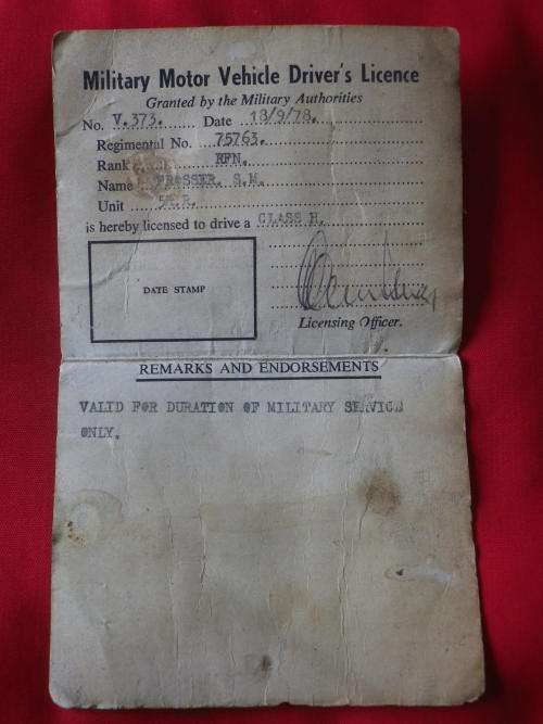 RHODESIAN MILITARY DRIVERS LICENCE, 5 RR   1978      -   A BIT WORN       (6294)