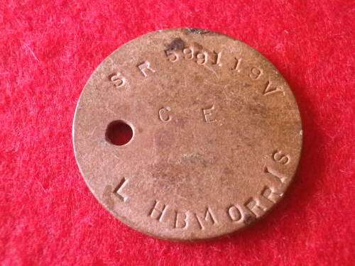 RHODESIAN WW2 GUNNER L.H.B MORRIS DOG TAG (SR599119V)       (6637)