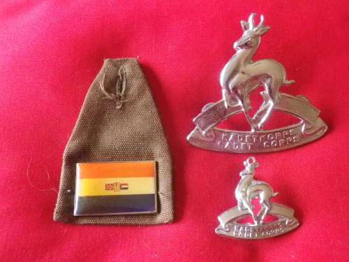SA CADET CORPS. CHROME HEADDRESS + COLLAR BADGES + FOB       (519)