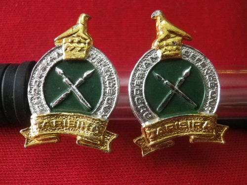 RHODESIAN DEFENCE UNIT -  ANODISED + ENAMEL FACING PAIR COLLAR BADGES  1 LUG DAMAGED     (6962)