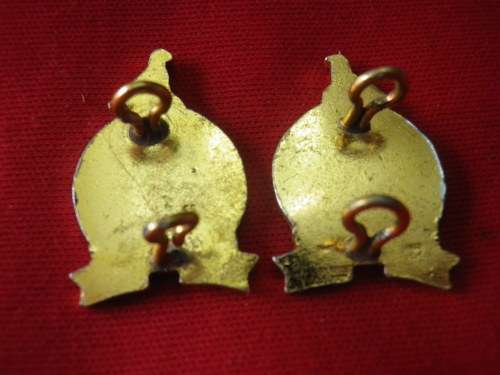 RHODESIAN DEFENCE UNIT -  ANODISED + ENAMEL FACING PAIR COLLAR BADGES  1 LUG DAMAGED     (6962)