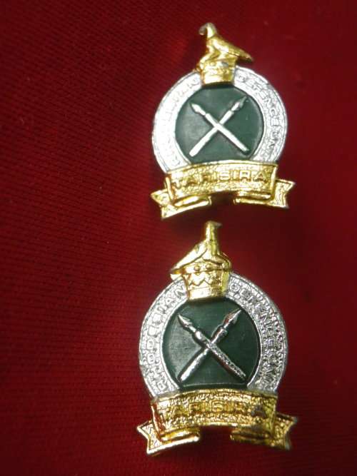 RHODESIAN DEFENCE UNIT -  ANODISED + ENAMEL FACING PAIR COLLAR BADGES  1 LUG DAMAGED     (6962)