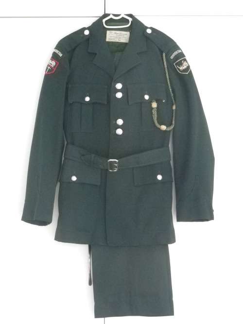 RHODESIAN ARMY GREENS TUNIC + TROUSERS + BELT - MADE RAPIER GARMENTS, SBY SEE BELOW   (4391)