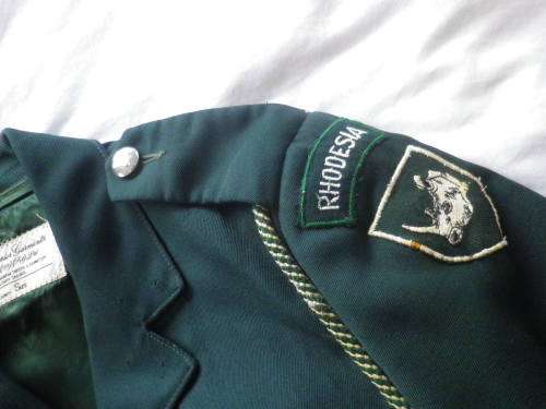 RHODESIAN ARMY GREENS TUNIC + TROUSERS + BELT - MADE RAPIER GARMENTS, SBY SEE BELOW   (4391)