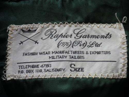 RHODESIAN ARMY GREENS TUNIC + TROUSERS + BELT - MADE RAPIER GARMENTS, SBY SEE BELOW   (4391)