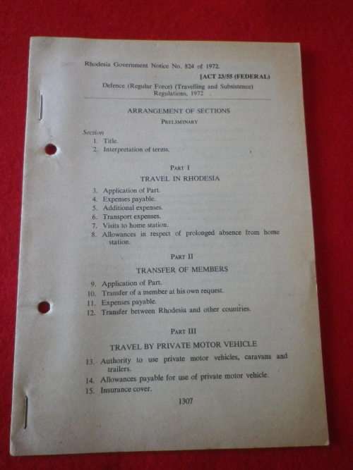 RHODESIAN GOVT. NOTICE - DEFENCE FORCE TRAVELLING + SUBSISTENCE REGS 1972 (7030)