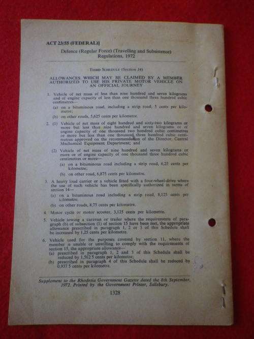 RHODESIAN GOVT. NOTICE - DEFENCE FORCE TRAVELLING + SUBSISTENCE REGS 1972 (7030)