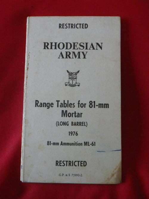 RHODESIAN ARMY - 81MM MORTAR RANGE TABLES FOLD OUT       (7052)