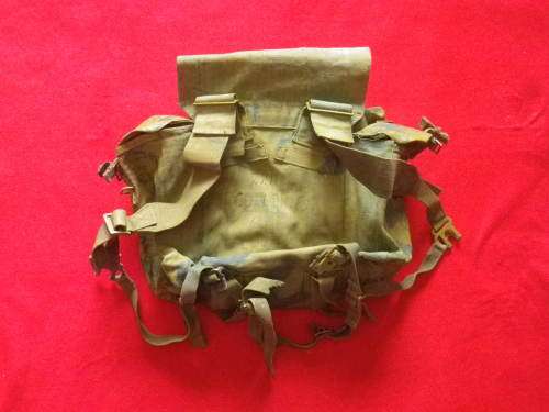 RHODESIAN ARMY - GREEN CANVAS BACK PACK - CAMO PAINTED - INSCRIBED - HARDENED WHERE PAINTED (4541)