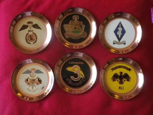 RHODESIA - RLI 6 X ORIGINAL BRASS + ENAMEL COASTERS  - OD 73mm  - SCARCE -(7324)