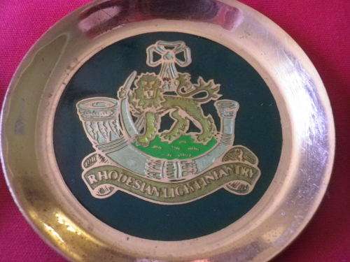RHODESIA - RLI 6 X ORIGINAL BRASS + ENAMEL COASTERS  - OD 73mm  - SCARCE -(7324)