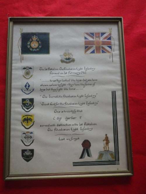 RHODESIA - RLI ORIGINAL CERTIFICATE OF SERVICE - C/SGT F. GERBER  - FRAMED 54X40cm  (3885)