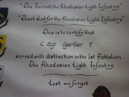 RHODESIA - RLI ORIGINAL CERTIFICATE OF SERVICE - C/SGT F. GERBER  - FRAMED 54X40cm  (3885)