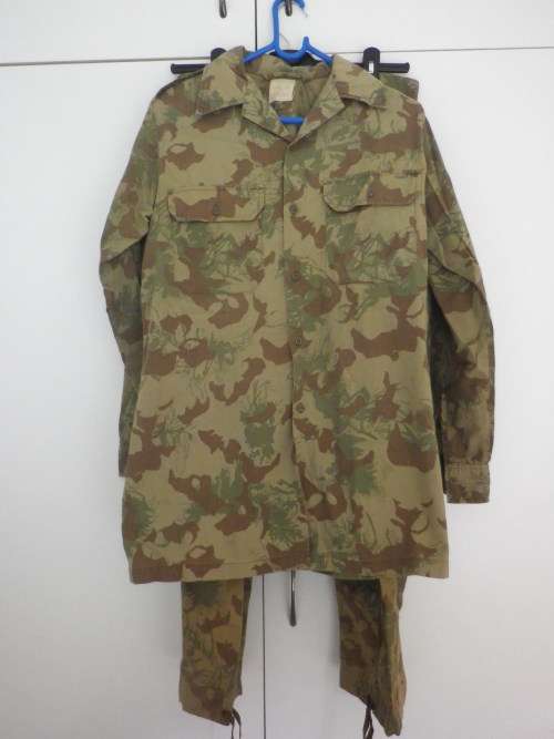 SA POLICE - CAMMO LS SHIRT + TROUSERS-  INSCRIBED, 2 SMALL HOLES+ PAINT ON COLLAR OF SHIRT (4847)