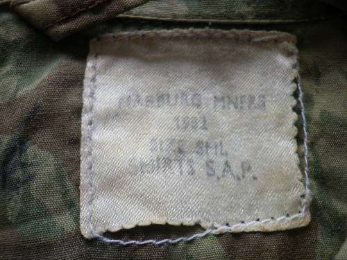 SA POLICE - CAMMO LS SHIRT + TROUSERS-  INSCRIBED, 2 SMALL HOLES+ PAINT ON COLLAR OF SHIRT (4847)