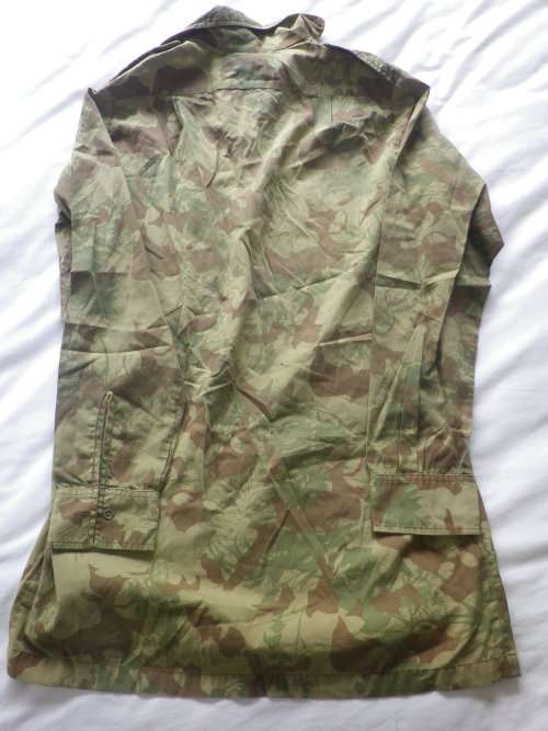 SA POLICE - CAMMO LS SHIRT + TROUSERS-  INSCRIBED, 2 SMALL HOLES+ PAINT ON COLLAR OF SHIRT (4847)