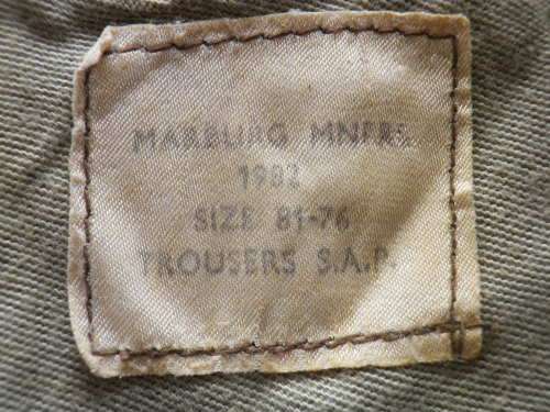 SA POLICE - CAMMO LS SHIRT + TROUSERS-  INSCRIBED, 2 SMALL HOLES+ PAINT ON COLLAR OF SHIRT (4847)