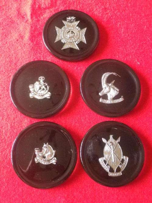 RHODESIAN PERIOD - 5 X RESIN COASTERS - GREYS, RLI, RR, RAR,  RhACR    DIAMETER 8cm           (1051)