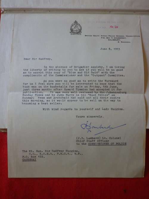 RHODESIA BSAP - `BLUE & OLD GOLD`  HC 1953 - 199 Pgs + AFFIXED LETTER TO PM HUGGINS   (7791)