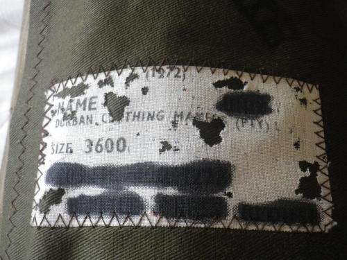 SADF - COMBAT KHAKI BUNNY JACKET + TROUSERS 1970`S  - INSCRIBED - NOTE HOLES IN TROUSERS     (4856)