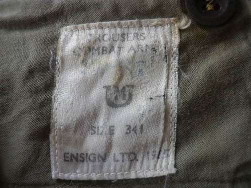 SADF - COMBAT KHAKI BUNNY JACKET + TROUSERS 1970`S  - INSCRIBED - NOTE HOLES IN TROUSERS     (4856)