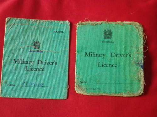 RHODESIAN - 2 X MILITARY DRIVERS LICENCES, SOME WEAR - OWNERS DETAILS AS SEEN    (8074)