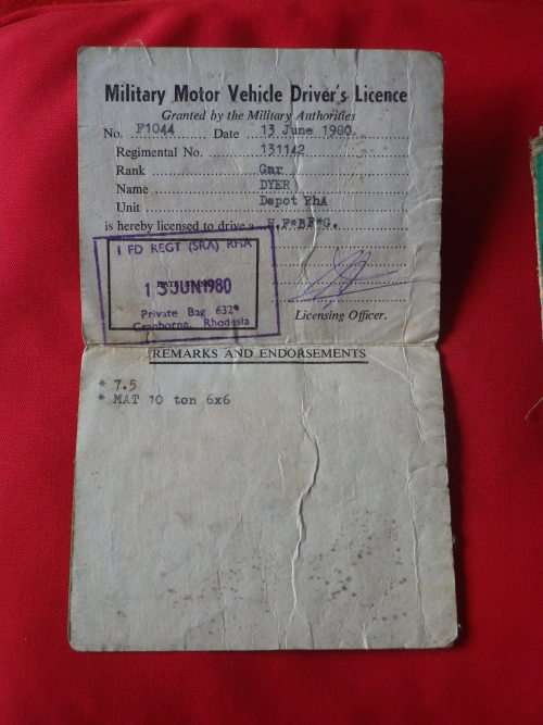 RHODESIAN - 2 X MILITARY DRIVERS LICENCES, SOME WEAR - OWNERS DETAILS AS SEEN    (8074)