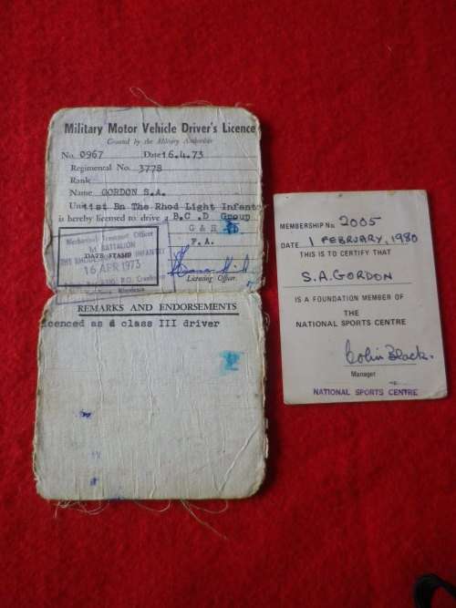 RHODESIAN - 2 X MILITARY DRIVERS LICENCES, SOME WEAR - OWNERS DETAILS AS SEEN    (8074)