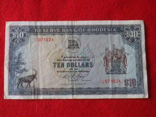 RHODESIAN $10 NOTE - CONDITION AS SEEN - 19 NOVEMBER 1975         (8185)